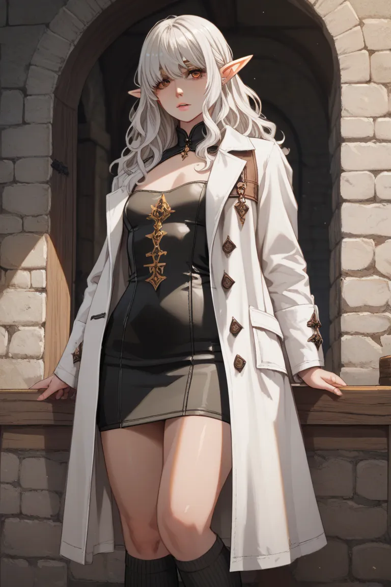 1 girl, long wavy white hair, bangs over eyes, golden eyes, elf ears, pale skin, voluptuous, short black dress, small breasts, white coat, black knee high socks, dark medieval fantasy, dungeon 