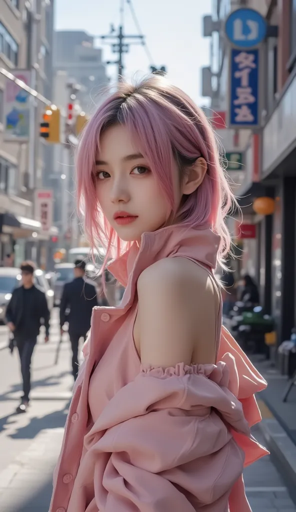 Jisoo, soft pink hairstyle, stylish outfit, image is mid-range shoot, in street.