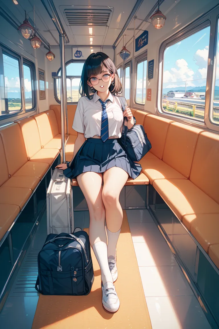 a female middle school student wearing white socks is being molested on a train。Her face with glasses doesn't like being molested, but、Her skirt is turned over and her white underwear is visible