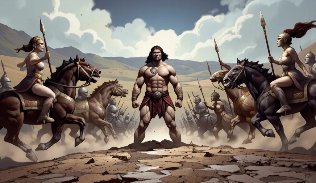 Hercules standing on the ground, surrounded by Amazon warriors on horseback wielding spears.