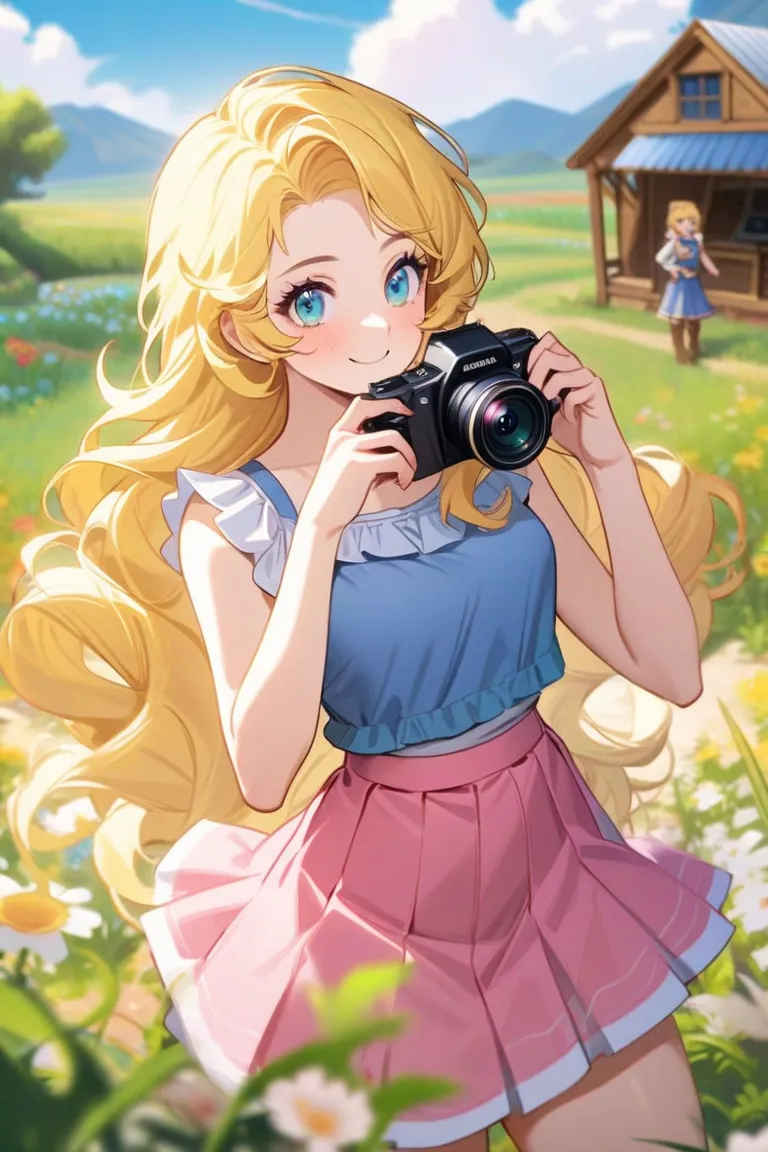 Stardew Valley,Game,One Woman,gal,yellow blonde hair,My bangs are split at the center ,blue ruffled tank top,shocking pink pleated miniskirt, my eyes are blue, long curly hair ,holding a camera,The background is a girl at the ranch, High Resolution, smile,