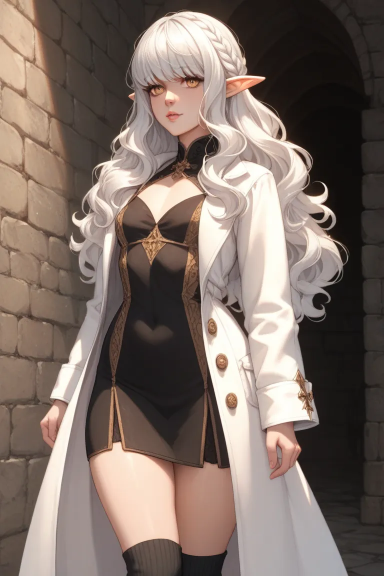 1 girl, long wavy white hair, bangs over eyes, golden eyes, elf ears, pale skin, voluptuous, short black dress, small breasts, white coat, black knee high socks, dark medieval fantasy, dungeon 