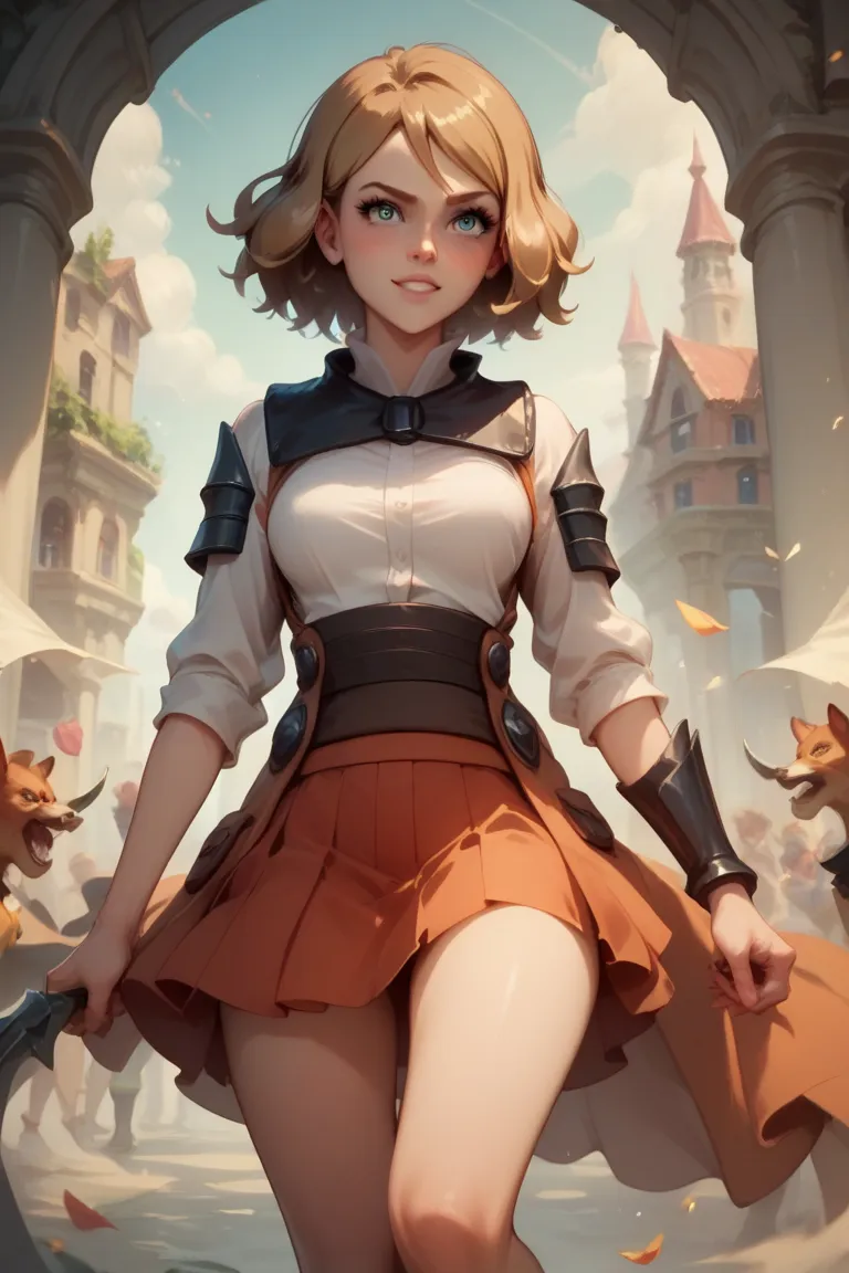 Serena stands confidently, her skirt hiked up to reveal a tantalizing glimpse of thigh, her eyes locked on the camera with a sultry gaze. The guards in the background are barely visible, their forms blurred by their lustful stares.