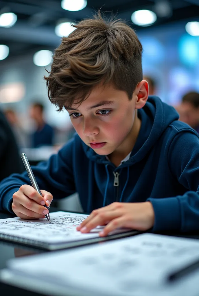 Boy doing math at a conference with a lot of technology 