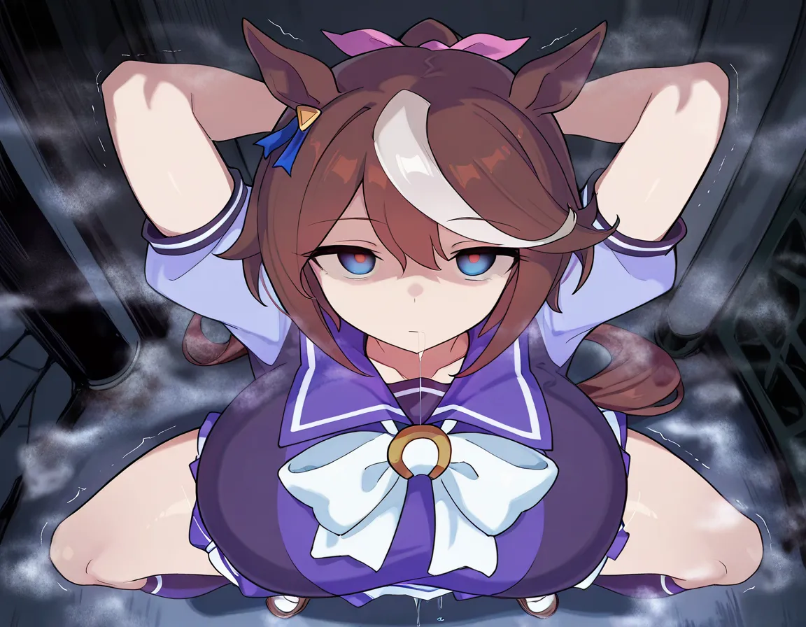 lot drooling,((red pupils:1.3,dot pupils:1.3)),empty eyes, upper_body, fog, detailed and intricate, masterpiece, tokai_teio(umamusume), tracen_school_uniform,girl_focus,solo_focus, huge_breasts,dark,back_alley,@_@, looking_at_viewer, empty eyes, expression...