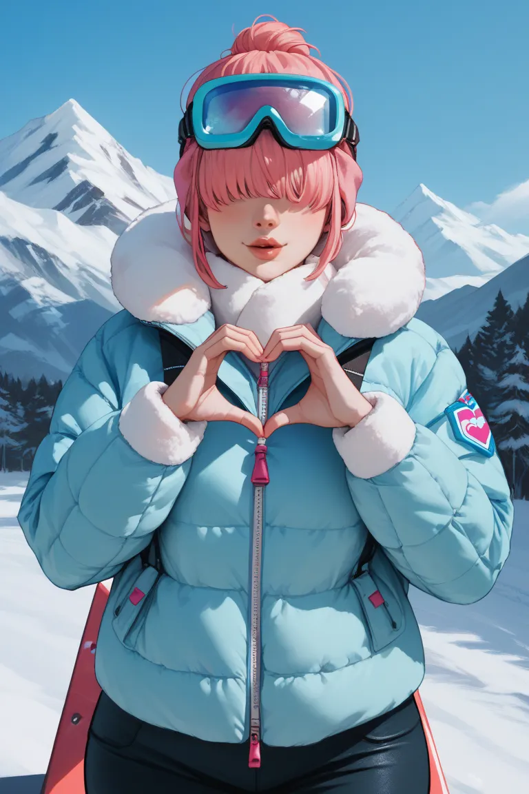 1 girl, short pink hair, voluptuous, snow clothes, ski goggles over eyes, skis, snow, snow mountain backgrownd, heart fingers, heart hands