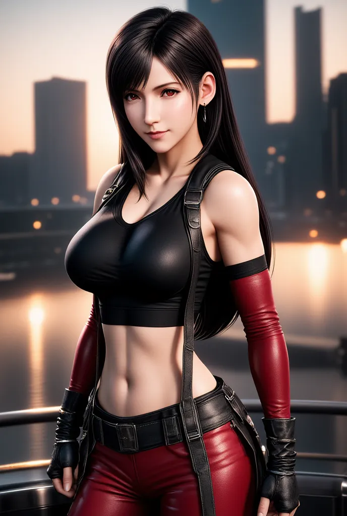 Tifa Lockhart in a black and red costume, photorealistic rendering of an anime girl, render of a cute 3d anime girl, 3d anime girl, kunoichi, yaoi kasuma,  Katana Zero video game character , eyes Half Open Shines Best Quality, Also, hints of yaoi kasuma, K...