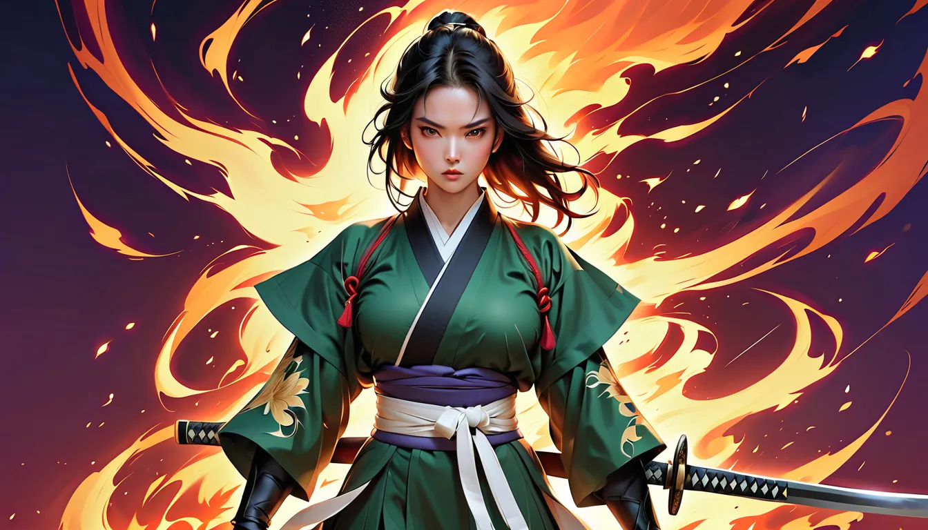 masterpiece, ultra detailed,best quality,(((SIMPLE BACKGROUND))),Design an amazing poster featuring a female protagonist inspired by Rurouni Kenshin. Capture her burning determination and indomitable spirit as she unleashes her anger in the heat of battle....