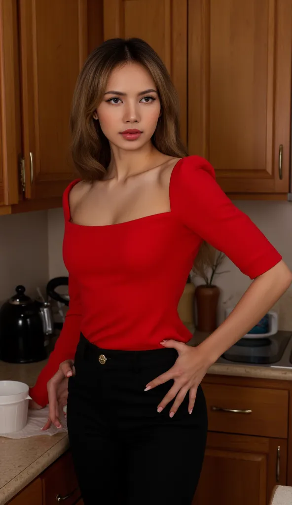 A beautiful woman, standing in the kitchen,  front facing, use a red blouse, Black trousers, big boobs,  slim waist, red lips,