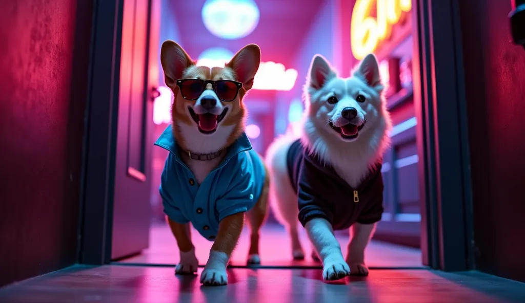 "A stylish Corgi in a blue shirt and beige pants and a White Samoyed in a black shirt step through the entrance of a vibrant disco club. They are the only dogs in the scene, confidently walking inside as the doors swing open. Their sunglasses are in their ...