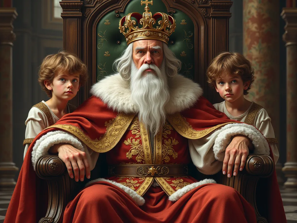 White-haired king and bearded in a kingdom with two brown-haired boys
 realistic medieval style