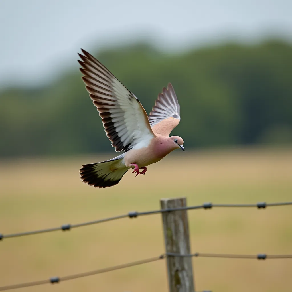 It depicts the European Turtle Dove in a natural environment, such as an open field or near trees. It shows its agile and erratic flight, with strong wing beats. It includes details such as the dark remiges and the greyish wing stripe visible when flying. ...