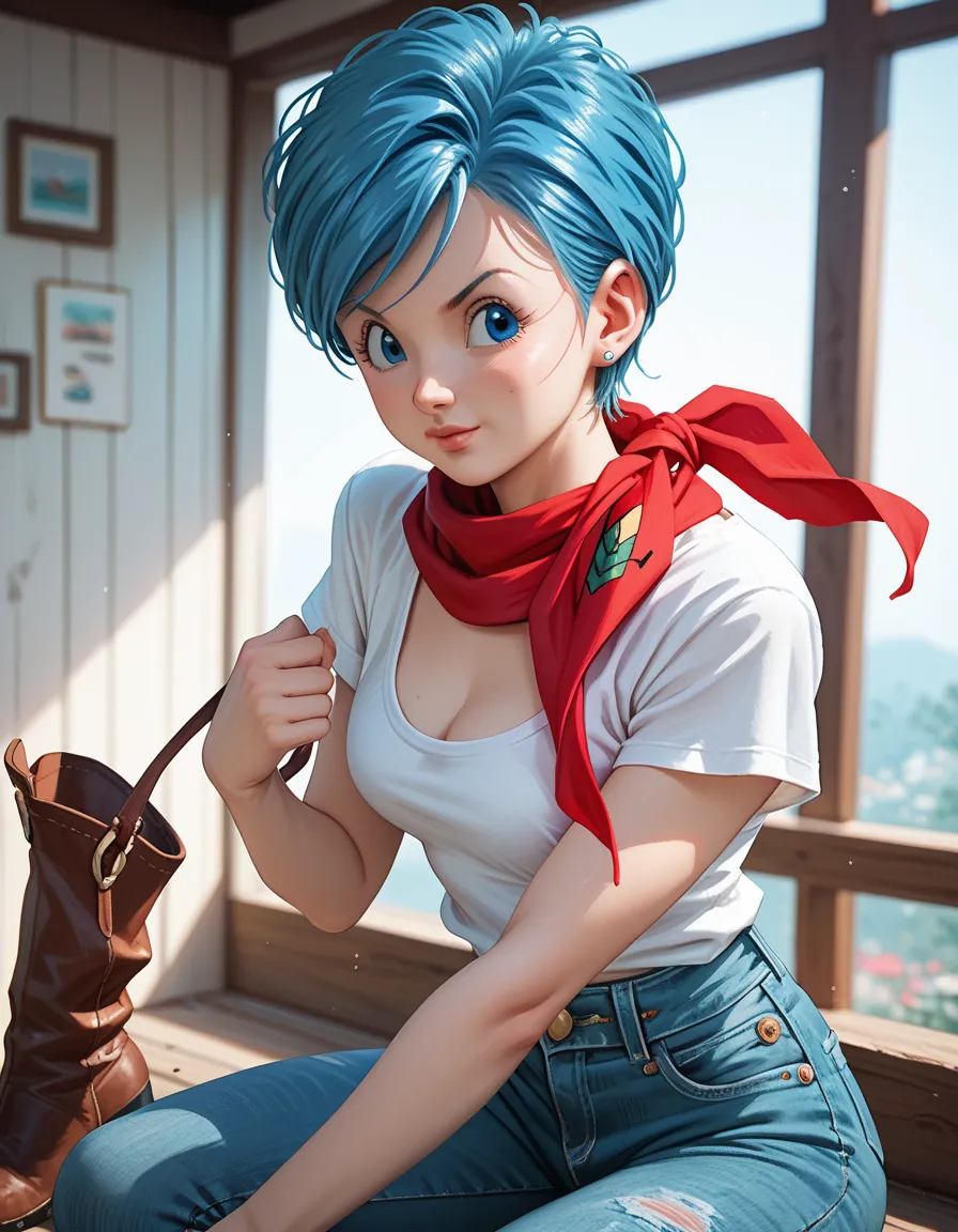 Bulma, short hair, blue eyes, blue hair, White short-sleeved shirt, jeans, red scarf around the neck, cowboy boots