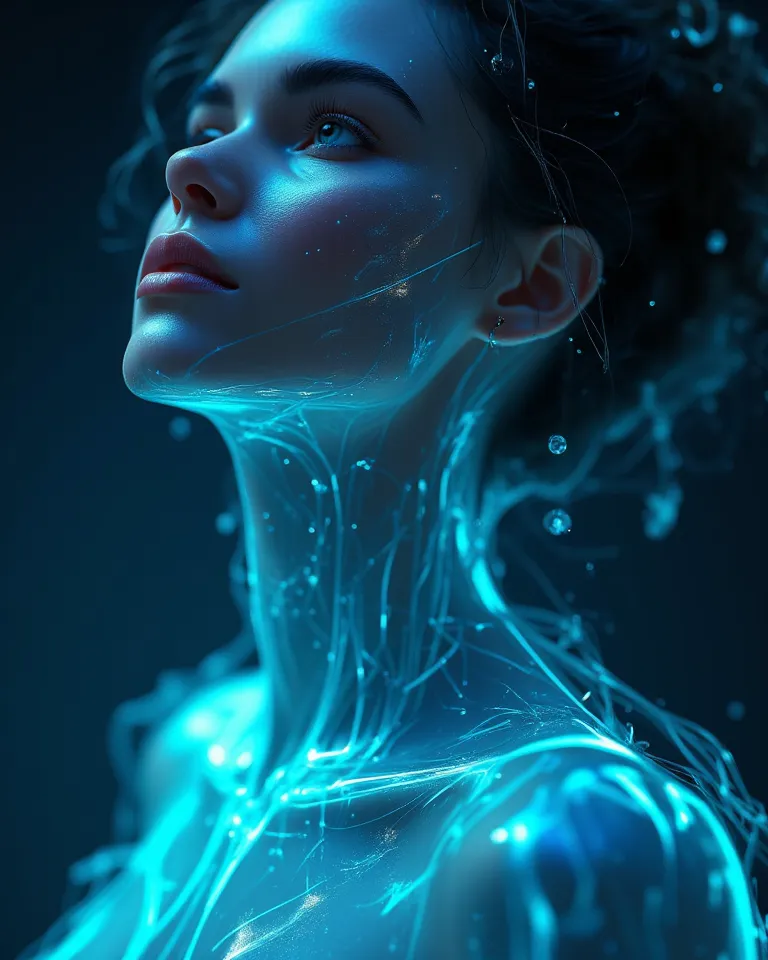 A close up shot of a human female neck from left side with light blue aura and light neon greenish white outlines , extremely detailed , 4k , dark background , dim lighting