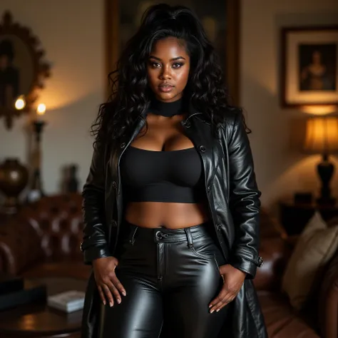 Realistic HDR noisy picture of a ebony girl who is curvy, she smirks with subtle smile, pitch black tied curly hair with some hair on the front, black eyeshadow, she is wearing a long leather button up cardigan, cardigan has many buttons, leather leggings ...