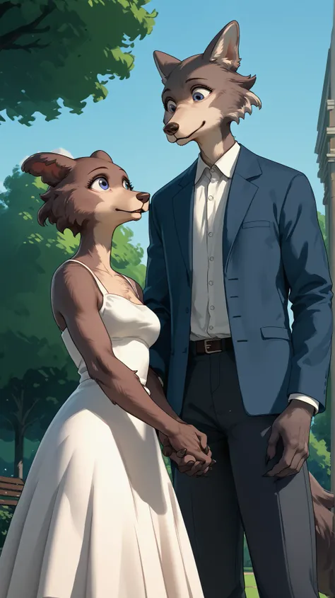 eastnik_fluffy, Park, guy, Girl, she-wolf, wolf, grey fur, brown fur, brown eyes, blue eyes, looks down, short white dress, holding hands, happy ,