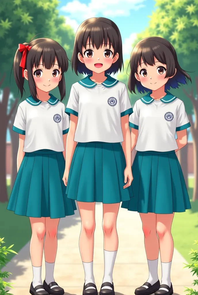 Uniform for 3 and  girls containing a turquoise short skirt and white t-shirt