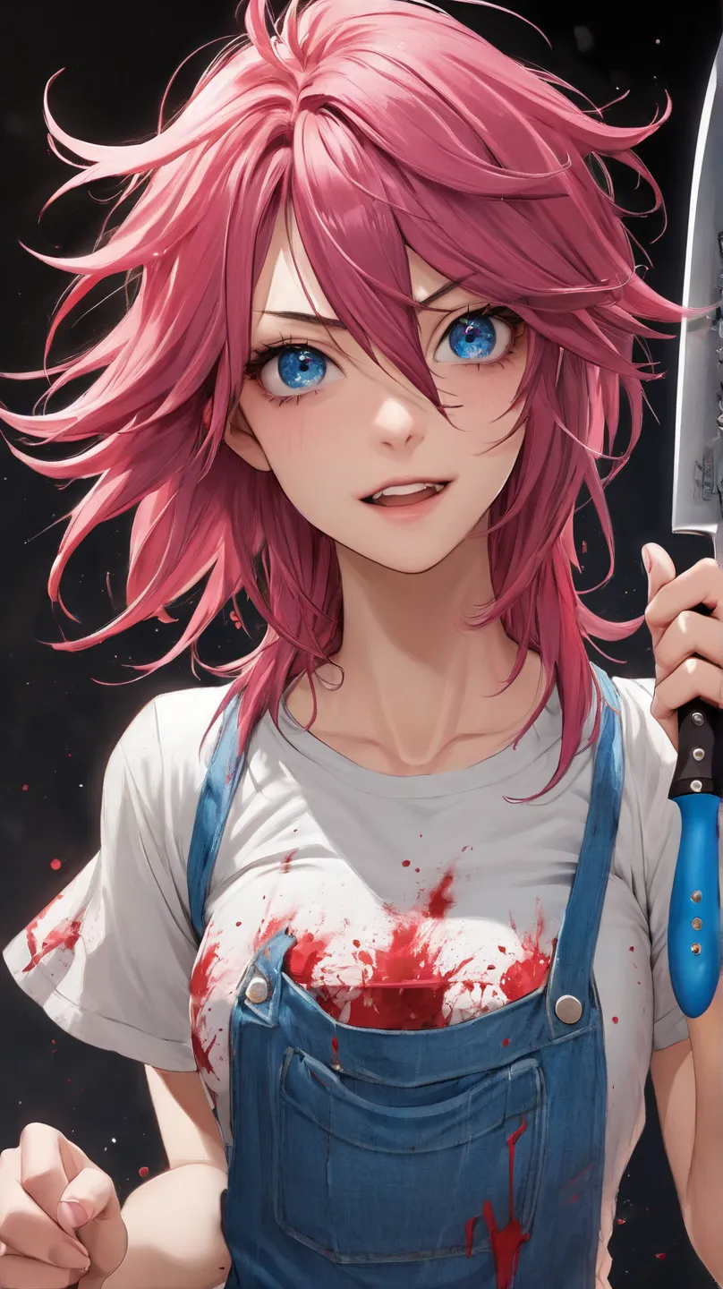  anime girl t-shirt, dark pink hair with a blue tuft, light red eyes, he wears a tight shirt and a blue jean, is of short stature, Da un aire de rockstar, He has splashes on his face and a murderous look of satisfaction, In his right hand he carries a knif...