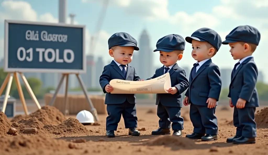 "Ultra realistic image of some one-year-old cute stylish elegant-looking baby boys wearing dark blue suits, pants, and flat caps, supervising a professional soil test at a construction site. One baby holds a blueprint labeled 'Ali Glass Construction Projec...