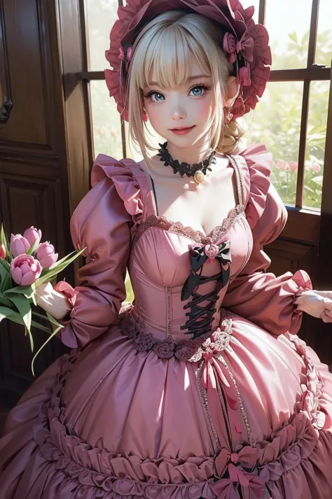 cute princess of tulip kingdom, 
wearing a pink tulip Gothic and lolita dress, 
(elegant pose:1.5), 
Wearing big tulip hat, 
full-body shot, 
(holding tulip bouquet), 
Cute and full of elegant expression, 
Professional Portraits, 
Super Fine 8K, high resol...