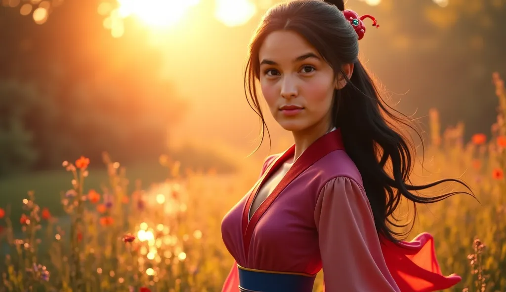 A highly realistic FUll body. Mulan Disney Princesses. Realistic hair. Normal body, Curvy body, big breast, big ass. Walking. She weain the nature. The lighting is warm and cinematic, casting a soft glow on her skin. Beautiful nature. The image has a high ...