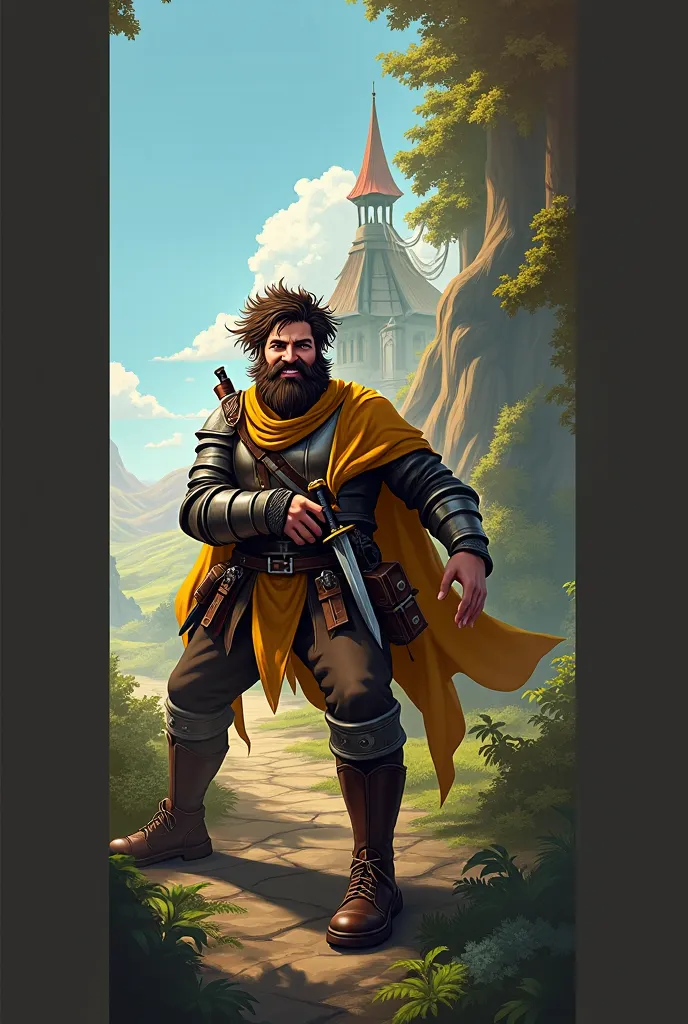 (photorealism:1.2), a former Thief turned good, fantasy world, rugged beard and hair, cheerful demeanor, with leather armor, scarf, cloak and daggers.