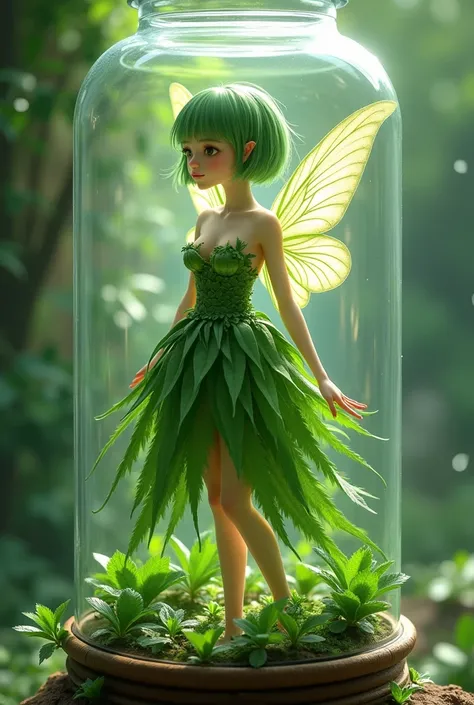 High quality,  8K Ultra HD, A beautiful fairy with short hair and a green color, with a dress made of leaves, enclosed in a jar, with the skin of an elf, anime style