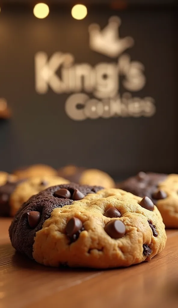 A fat, plump cookie mixed with two colors(black and caramel color);  with chocolate chips ; on a wooden table; in a pastry shop ; the word King's Cookies written in the background; high resolution,  Dutch angle ,  foreground , depth of field, OctaneRender ...