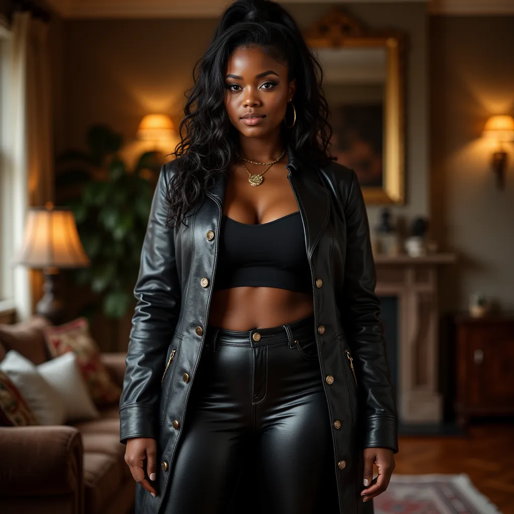 Realistic HDR noisy picture of a ebony girl who is curvy, she smirks with subtle smile, pitch black tied curly hair with some hair on the front, black eyeshadow, she is wearing a long leather button up cardigan, cardigan has many buttons, leather leggings ...