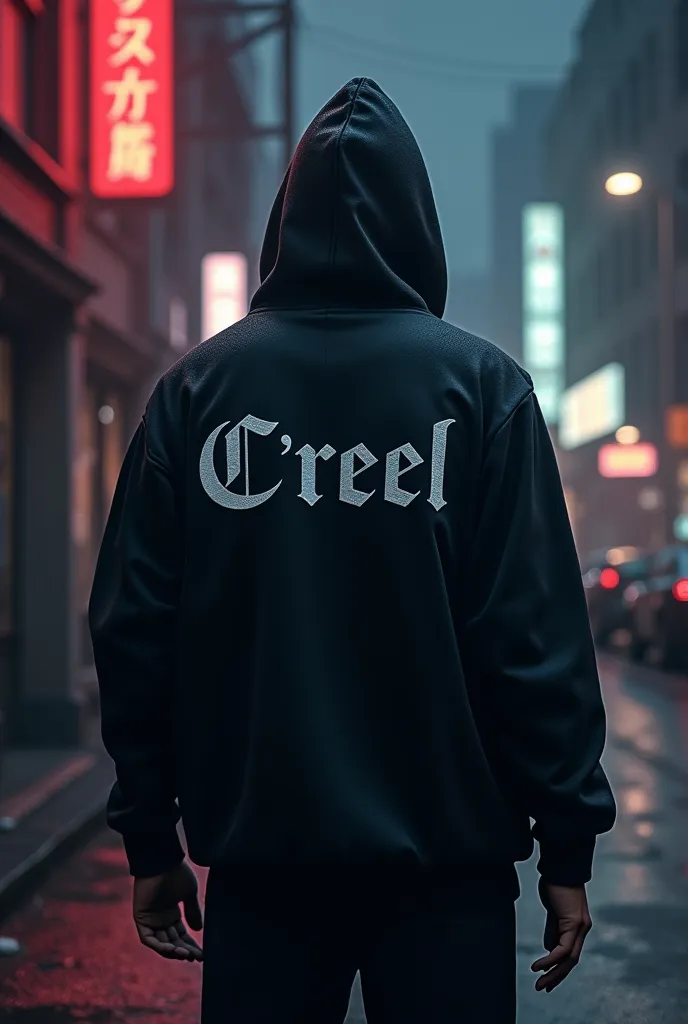 Hooded man on the street from the back with a black hooded tracksuit with C'reel written in large size In the back