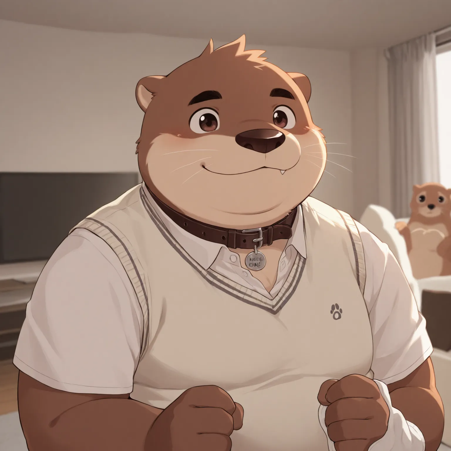 High Quality, Male, Otter, Anthro(Otter),Chubby,(Black eyebrows:1.1),(Perfect eyes),Smooth Skin，（artist:Takemoto Arashi），Living Room background，claw，（Sweater-vest:1.3）。Wearing a Leather collar around his neck. Wearing fancy white gloves on his hands, fancy...