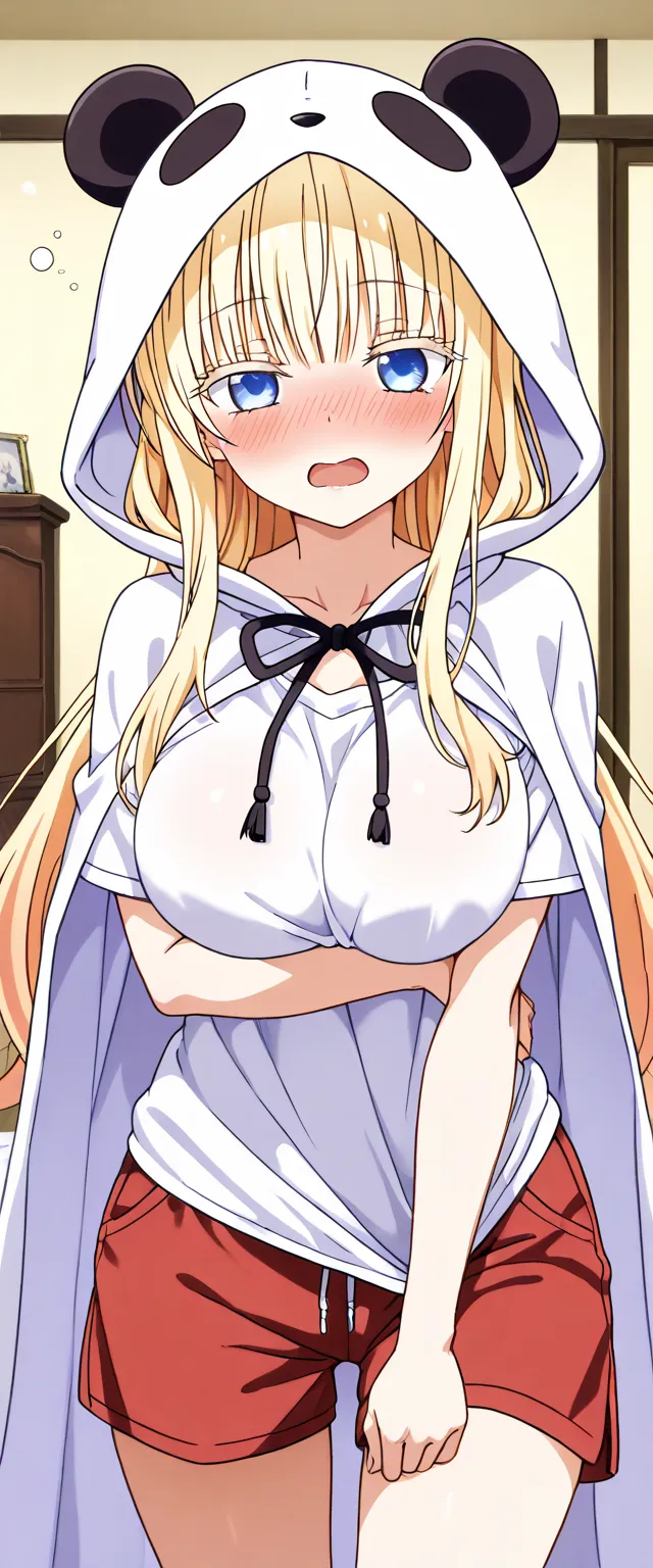 ( Masterpiece ),background of the room, Bedroom,  best quality, expressive eyes, juliet persia ,  Kishuku Gakkou no Juliet, Long hair, yellow hair, blue eyes, идеальное face,1girl,solo, middle chest, Glare in the eyes , eyes half closed, face, open mouth ,...