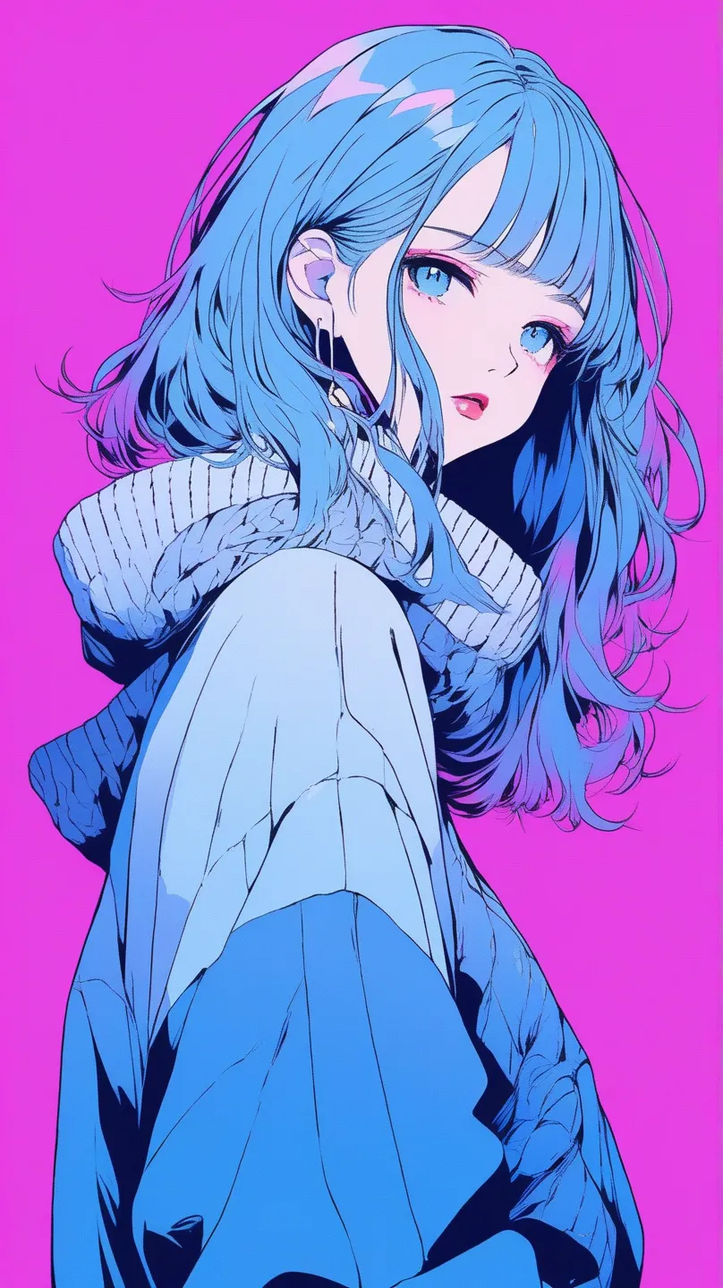 illustrator, Japanese Manga , Practical , sketch , 1 girl, ,lips,  sweater ,order, blue gradient background, Neon Hair, texture trim , Canada, (masterpiece,best quality) Cancer,Various poses,