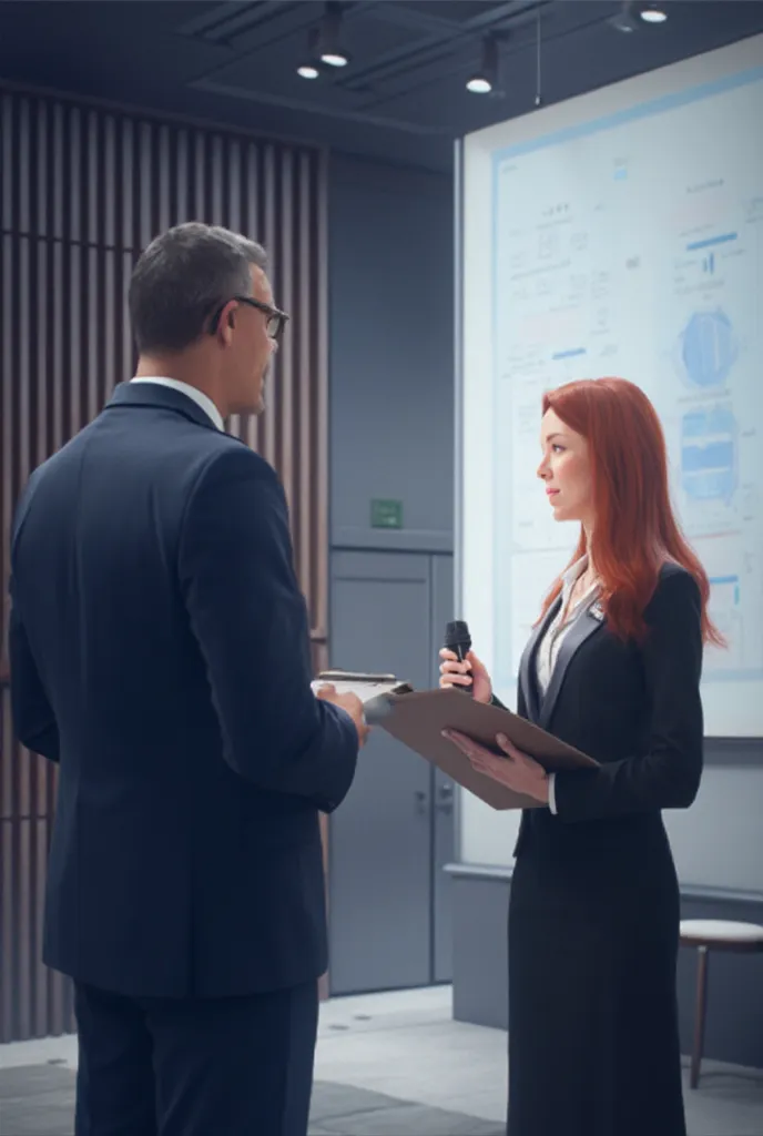 Create an image of the presenter at the seminar dressed neatly in a suit. Ask a woman holding a mic holding a clipboard facing the seminar person.
