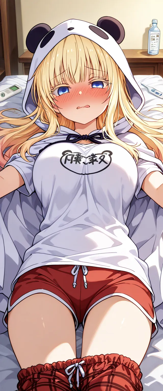 ( Masterpiece ),background of the room, Bedroom,  best quality, expressive eyes, juliet persia ,  Kishuku Gakkou no Juliet, Long hair, yellow hair, blue eyes, идеальное face,1girl,solo, middle chest, Glare in the eyes , eyes half closed, face, mouth open, ...