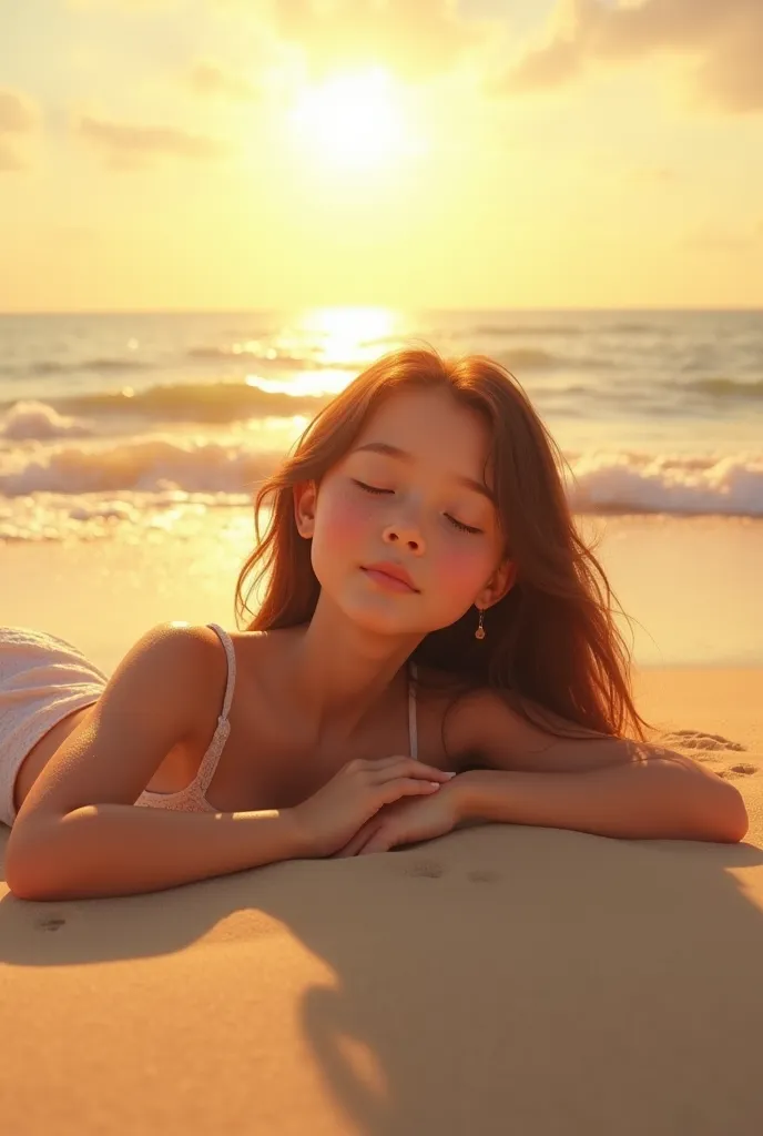 A young girl with oily soles sunbathing on the beach