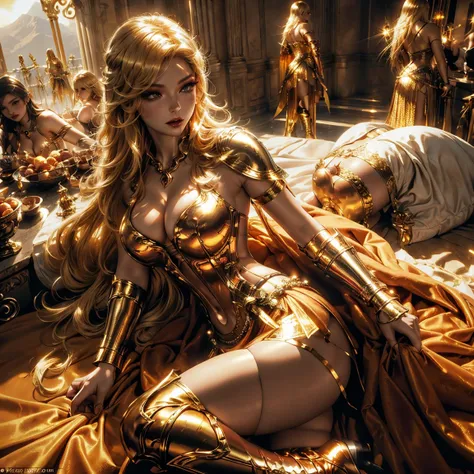 In the sky of Olympus lympus there are golden chrome pillars on the sides, shining sun, posing like a goddess Greek (Sarah Moom blonde long blonde hair voluminous lips false eyelashes flawless makeup), wearing a gladiator style corset with shiny golden chr...