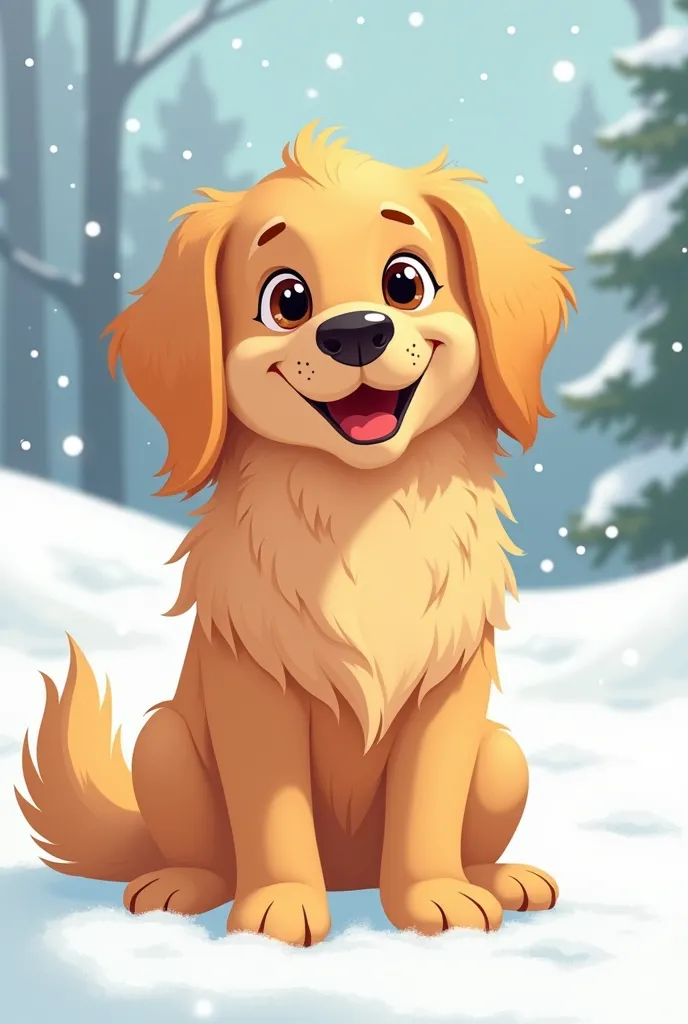 A smiling cartoon golden retriever dog in snowy winter weather.