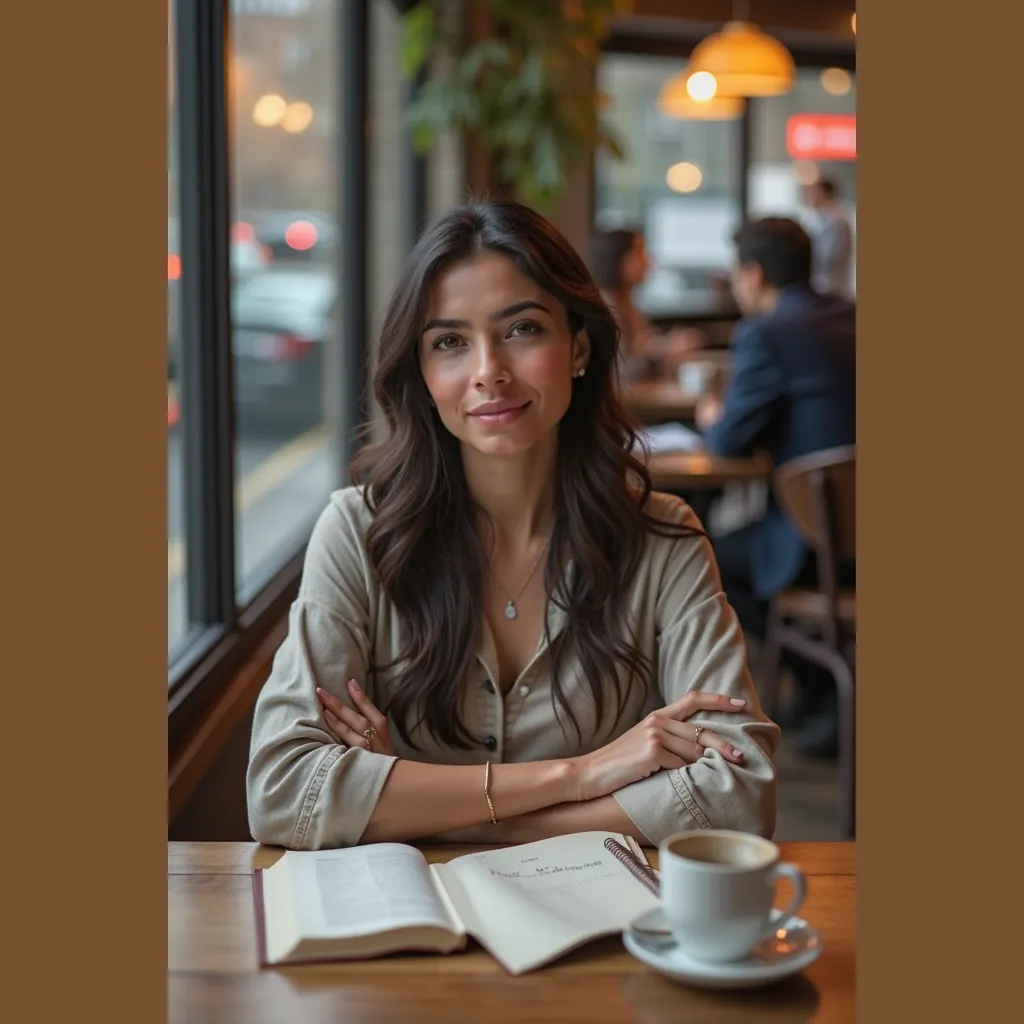 A highly realistic, photorealistic image of a beautiful Hispanic woman in her late 20s, sitting at a cozy city café table. She has long, dark hair styled naturally, and a serene, focused expression that conveys deep reflection and thoughtfulness. She is dr...