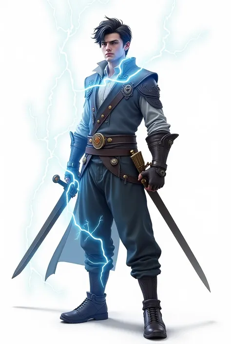 White sheet male character holding sword in hand holding lightning bolt in his face 20 years old