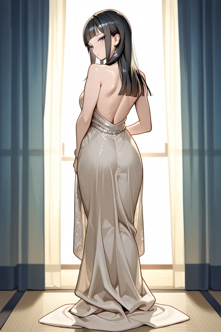 beautiful japanese yakuza wife, hime cut bangs, curtain bangs, tattoed back, black hair, tall and mesomorphic body, doe blue eyes, classic gown.