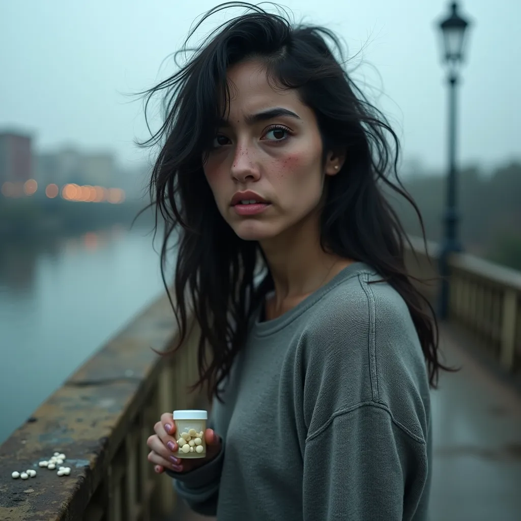 "Generate an ultra-realistic photograph of a 32-year-old woman named María, capturing her desperation and surrender, yet with a slightly enhanced beauty. She stands on the edge of an old, weathered bridge during a day with light gray tones. Her disheveled ...