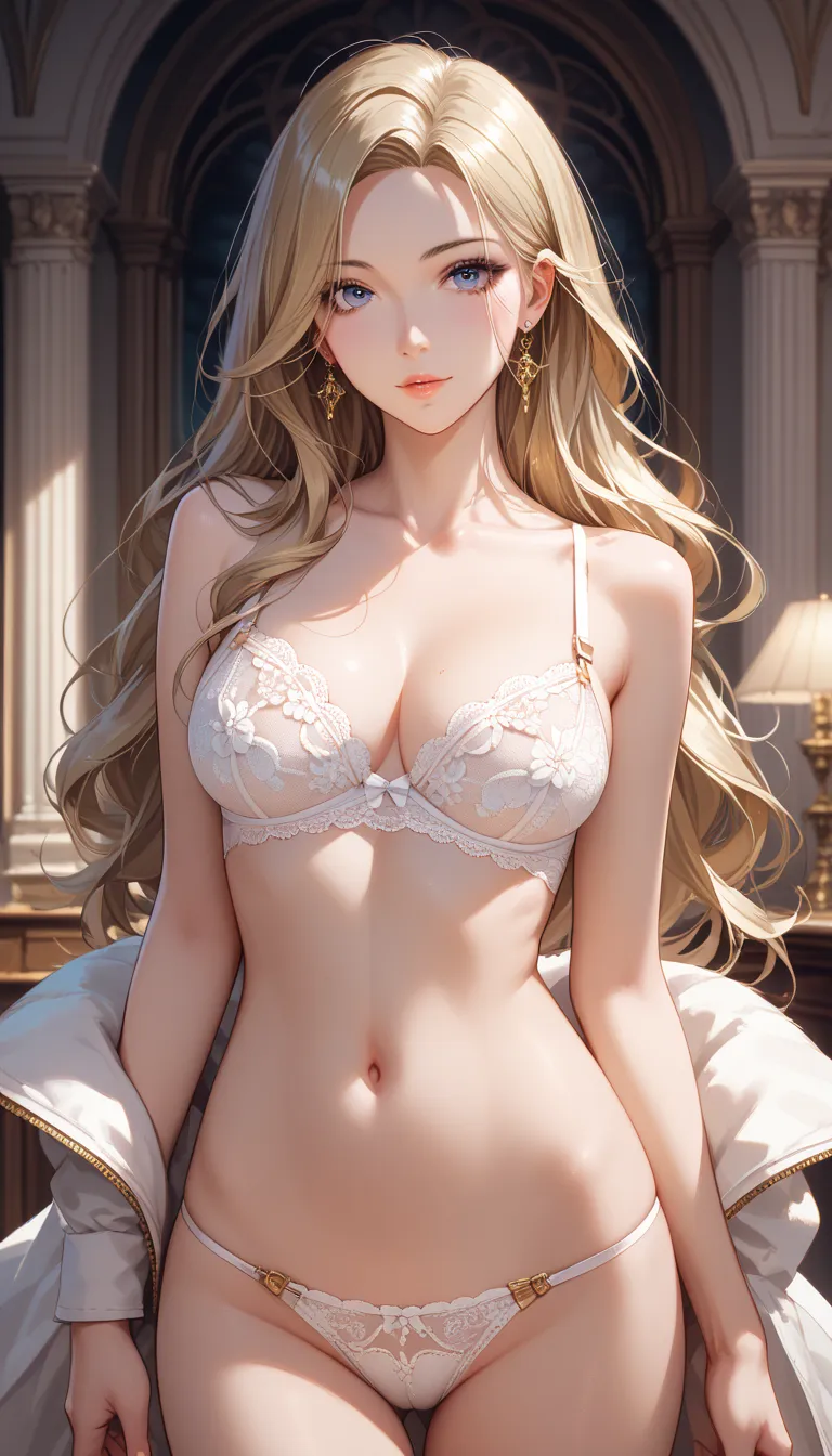 masterpiece, best quality, ultra-detailed, 8k, intricate details, わきDownを見せない, Down, no background, becomes transparent when you stare {x}, PE, front view, cowboy shot, Perfect and Beautiful Face, beautiful breasts, ( Read more), slim, gold long hair, part...