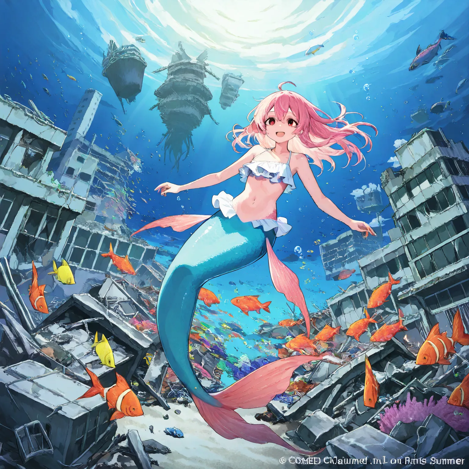 A mighty human city similar to Tokyo in ruins and underwater, the sea has claimed the skeletal remains of sky scrapers, rubble and junk cars are piled up and now have bright vibrant corals and anemones growing on them, several merfolk now swim to and fro i...