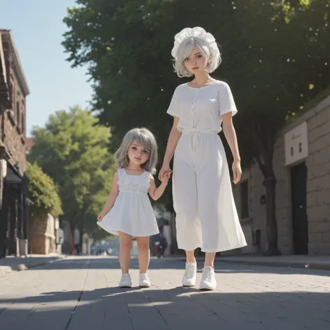 A ager named Marie (white hair, blue eyes, white clothes and white shoes) With a named Santona ( dark grey hair, green eyes, white clothes and white shoes) standing on the sidewalk of the street together holding hands on a beautiful sunny day