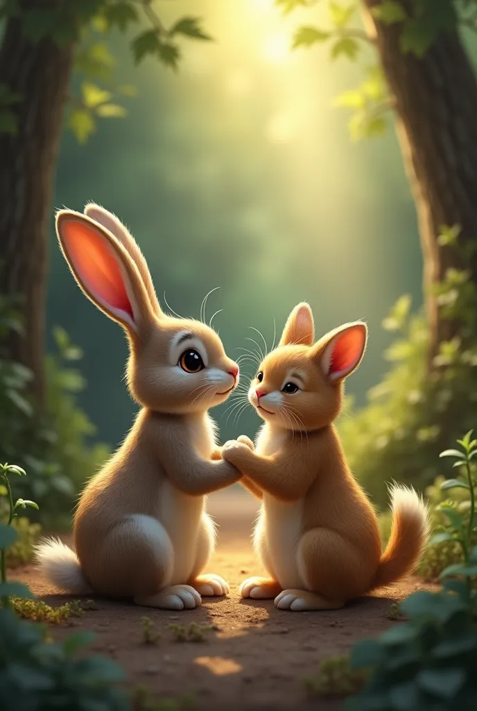 The rabbit gently helping the injured cat, lifting its legs carefully with tender care. The rabbit’s face shows kindness, and the cat looks up at it with grateful, pained eyes. They are in a safe, secluded area of the forest, with a soft beam of sunlight h...