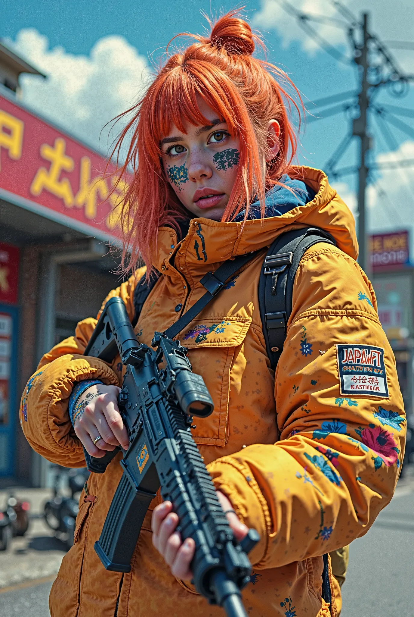 Une Rebelle Folle Rousse Camouflage Holo Graphique Une Jacket Large Jaune Tordus Plein de Stickers Colorés Qui Maîtrise une arme en Plastique Colorée , devant un Ramen Shop Full Bambou . Ciel Bleu Open Sky . HoloGraphique Colors .  Samouraï City . 