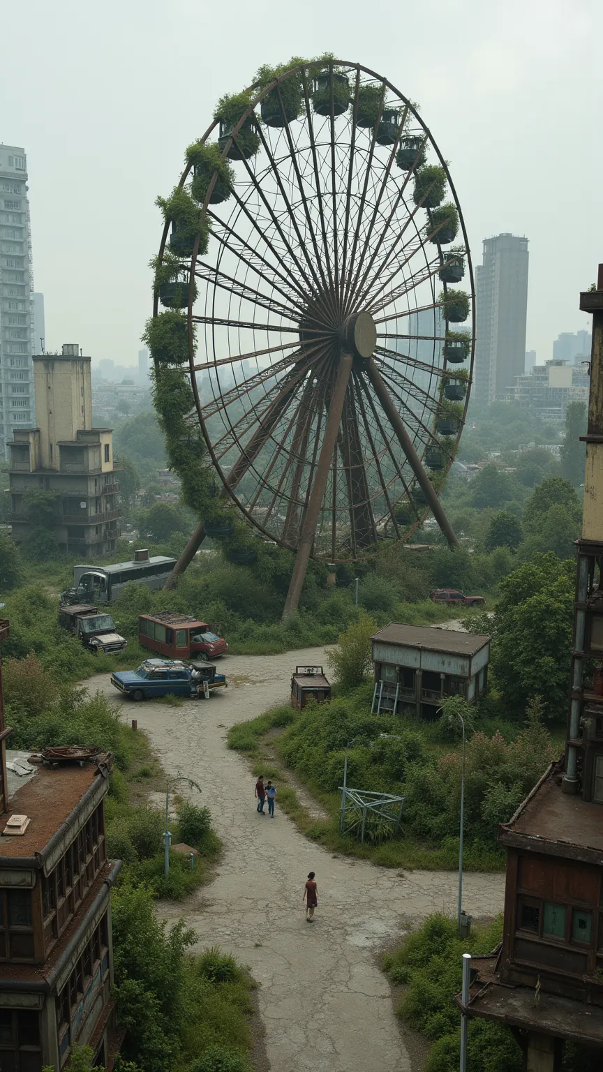 Post-apocalyptic cityscape with a rusted, overgrown Ferris wheel.  Decayed, overgrown urban environment with cracked pavement and scattered debris.  Massive, rusty Ferris wheel, covered in greenery, centerpiece of the scene.  Numerous abandoned vehicles, p...