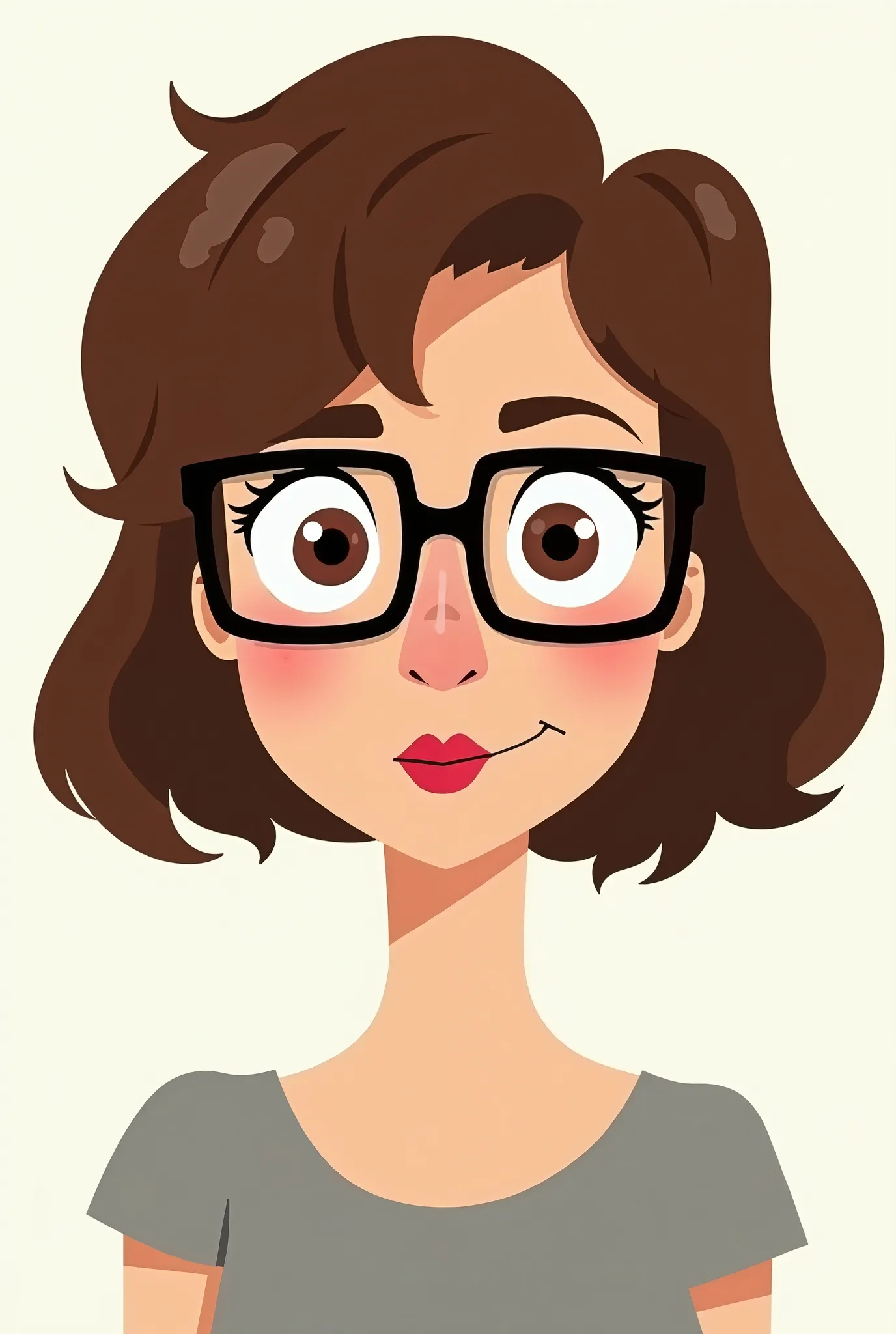 Animated Cluedo version image of 40 year old woman, with short brown hair on the shoulders with a line in the middle, skin color white , droopy brown eyes with square glasses, flat nose with nostril piercing, Lots of cheeks,  ROUND FACE EYEBROWS, thin red ...