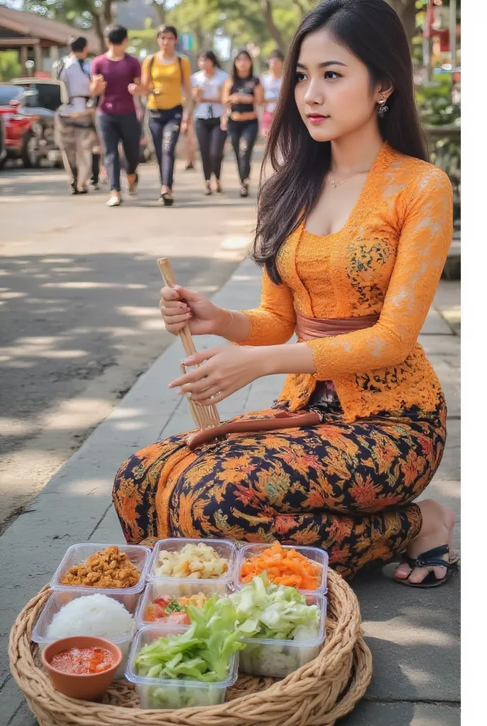 A stunning beautiful Korean young woman with long,perutnya terlihat hamil 9 bulan. flowing hair and soft skin tone, natural lighting, capturing the subtle beauty and depth of her features, bare shoulder, She's wearing traditional Javanese clothing is kneel...